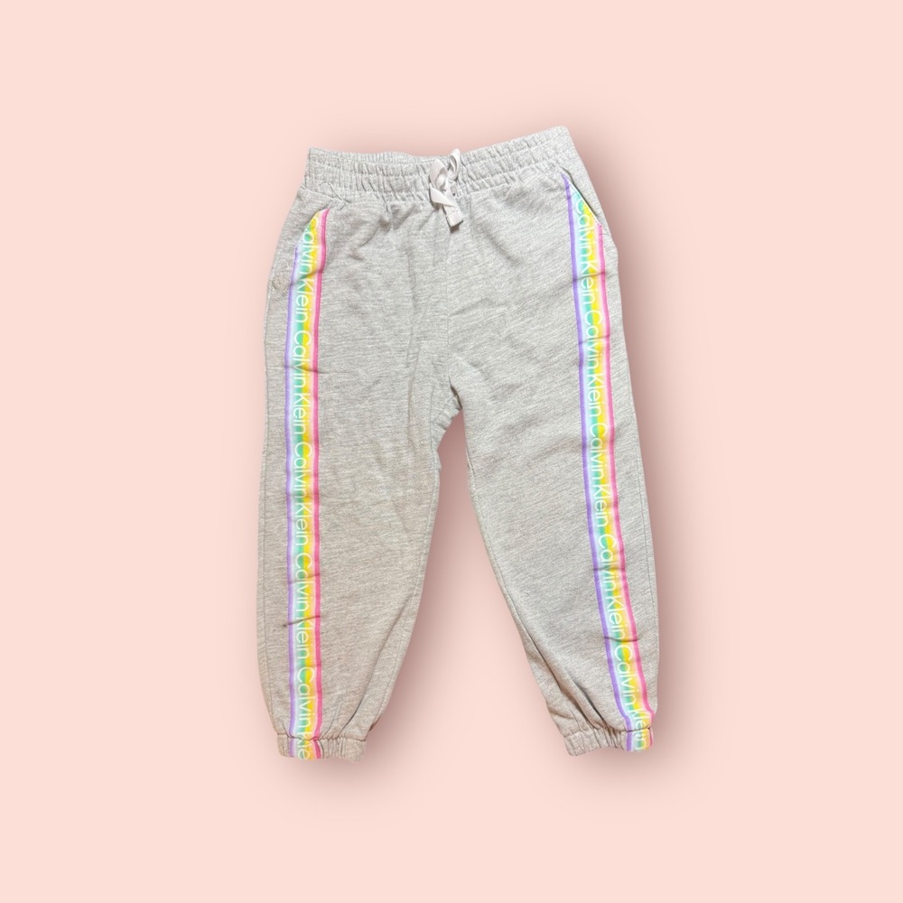 Calvin Klein Jeans Girls' Gray Jogger Sweatpants Rainbow Logo Side, Size 3T